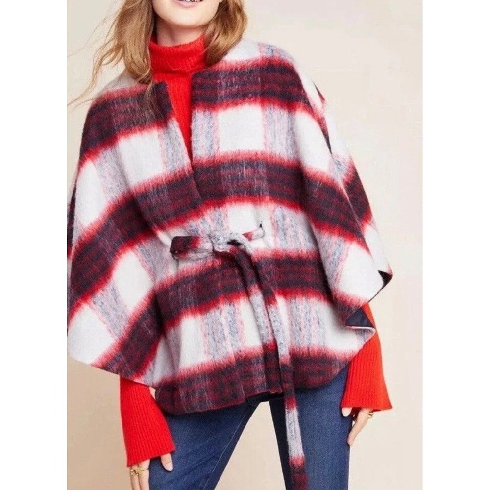 Anthropologie Andersen & Lauth NWT Red Plaid Brushed Wool Johanna Capelet Poncho